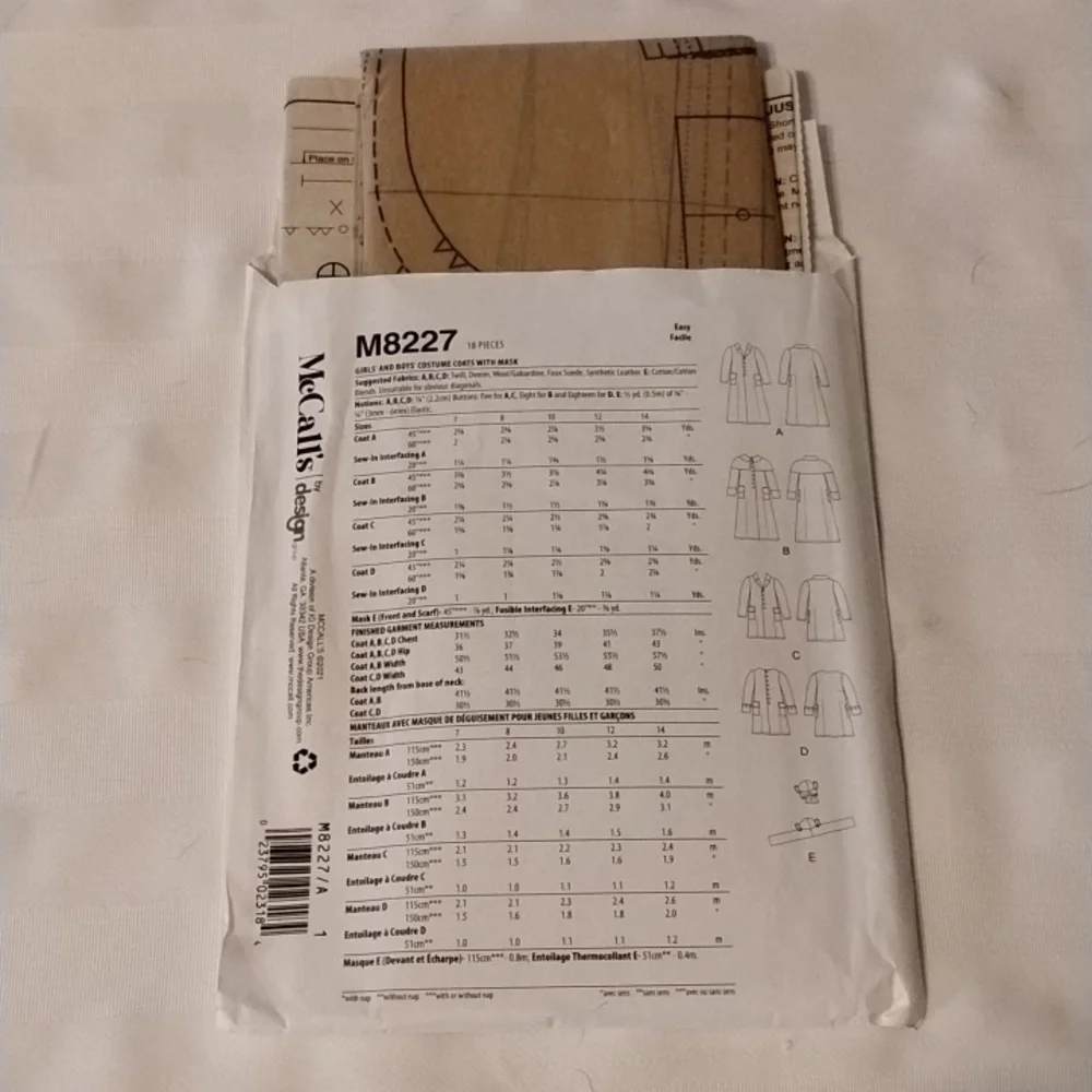 Mccalls (M8227) Kids Historical Costume Pattern, Size: A (7-8-10-12-14) NWT